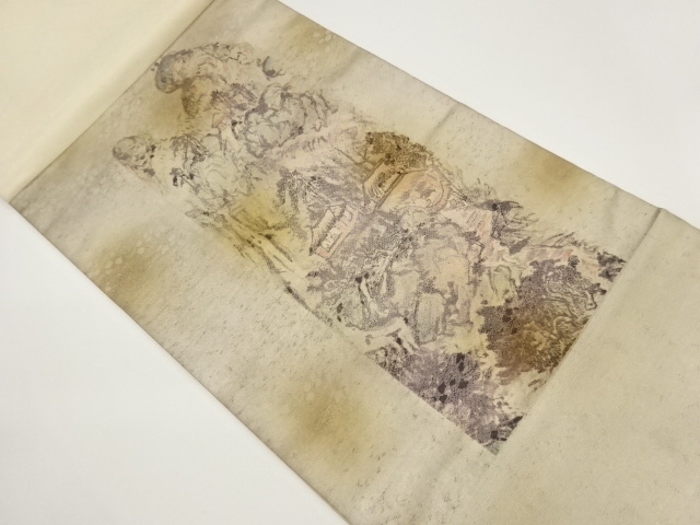 リサイクル　山並みに民家風景模様織出し開き名古屋帯（額縁仕立て）